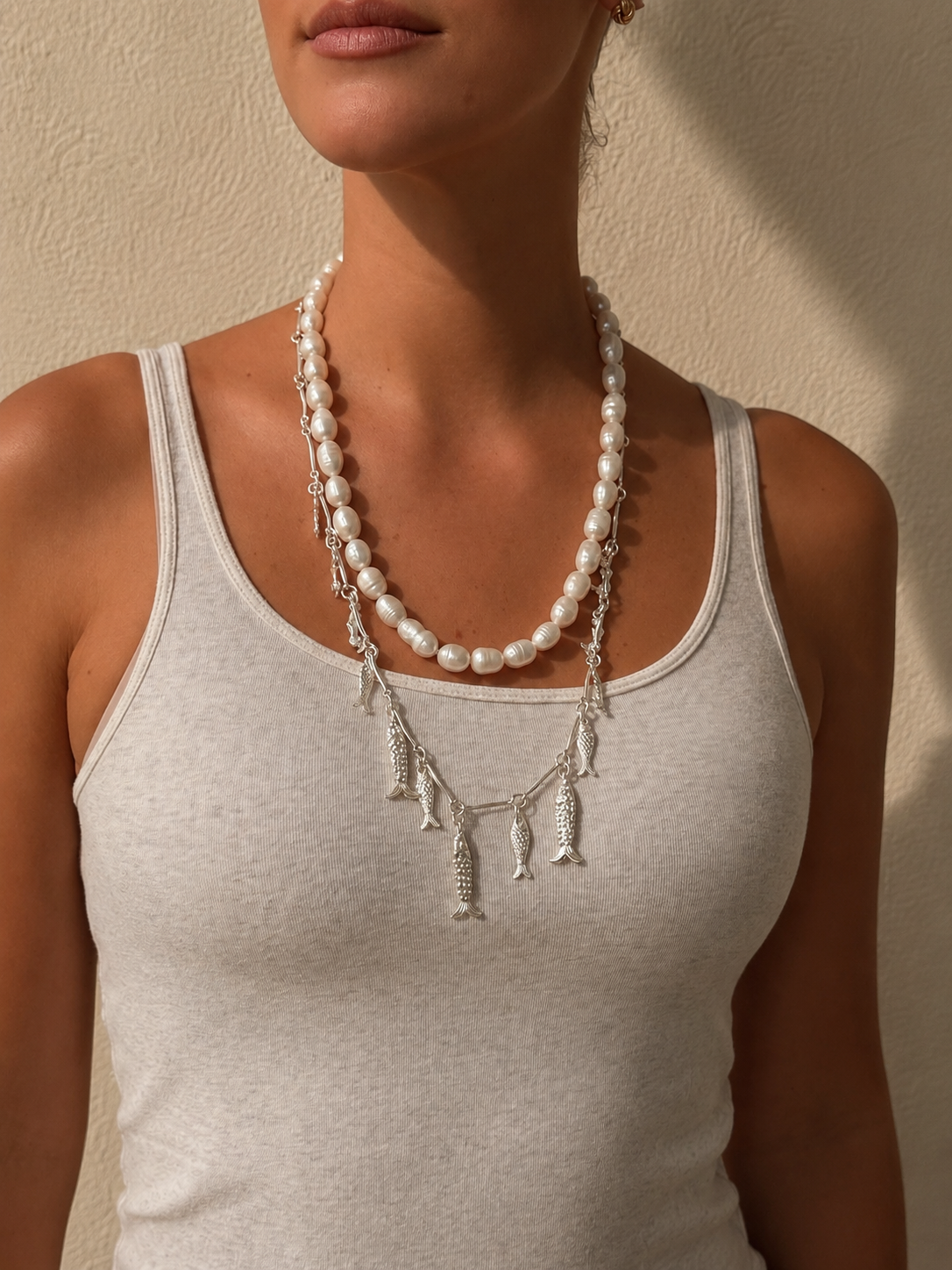 Silver fish & pearls set